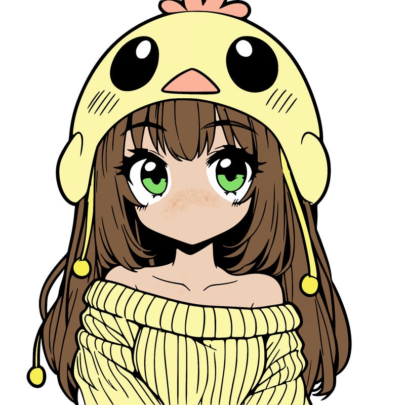 anime girl with chick shaped hat with sweater with bare shoulders with bangs covering them one eye with low tail