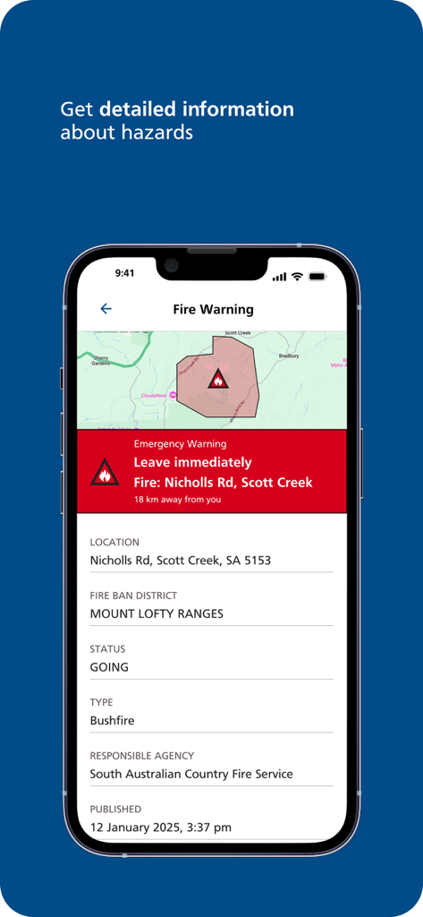 Alert SA - Alert SA app interface showing a detailed fire emergency warning with an evacuation map and hazard information