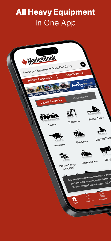 MarketBook - Interfaz de la aplicación móvil MarketBook que muestra categorías para comprar y vender tractores, excavadoras y maquinaria pesada.