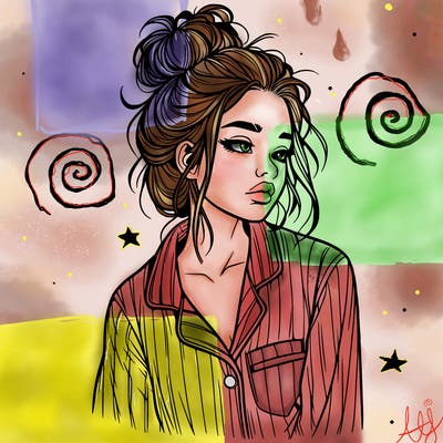 realistic woman with pajamas on and a messy bun