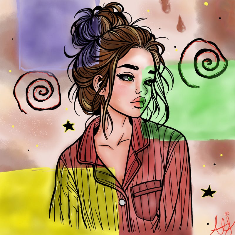realistic woman with pajamas on and a messy bun
