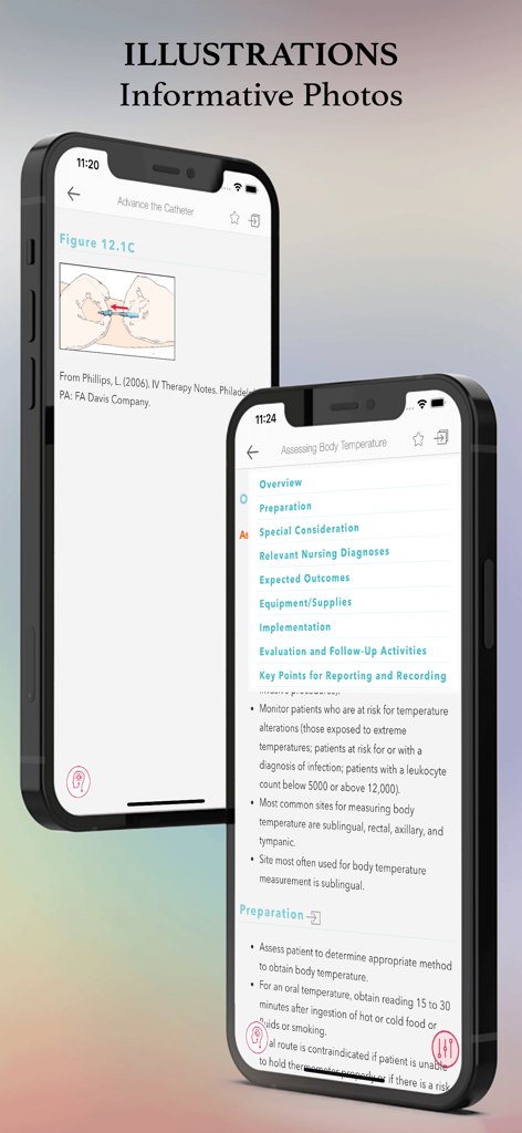 Davis Clinical Nursing Skills - Due schermate di iPhone che mostrano procedure infermieristiche cliniche con illustrazioni mediche e checklist di valutazione.