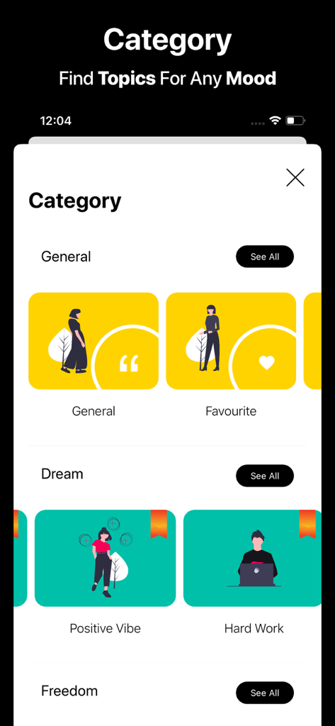 Motivation Daily Quote Widget - Screenshot of the quote categories screen in the Motivation app showing options like Positive Vibe and Hard Work