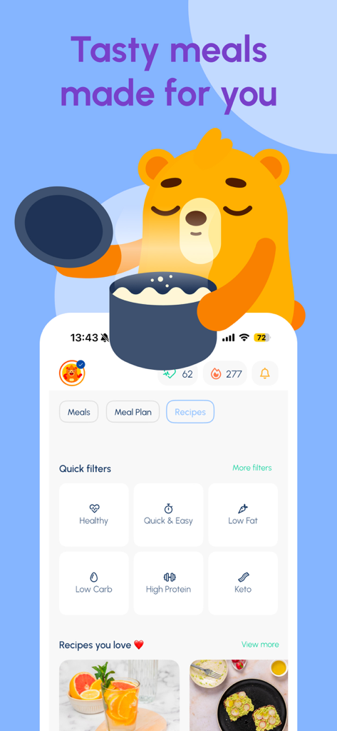 Mobile screen of the Fastic app showing recipe filters for healthy and high protein meals.