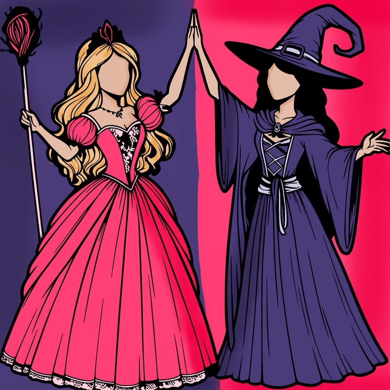 detailed realistic split of a princess and a witch