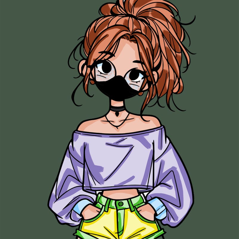 girl with a messy ponytail glasses a baggy crop top and jean shorts