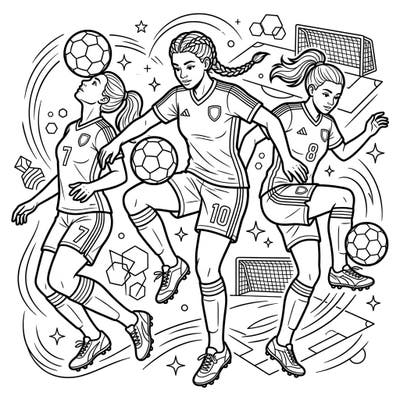 Get ready to color the excitement of the soccer field with this dynamic coloring page featuring skilled players in action. Watch as three talented athletes perform impressive ball-juggling tricks, perfect for sports enthusiasts of all ages.