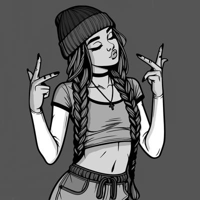realistic teenage girl with braids and a beanie and crop top doing 🫶🏼