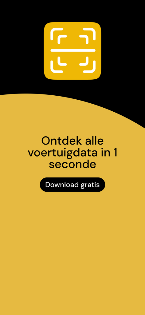 Tela de introdução do aplicativo Kenteken Scanner com um ícone de scanner e texto sobre descoberta de dados de veículos