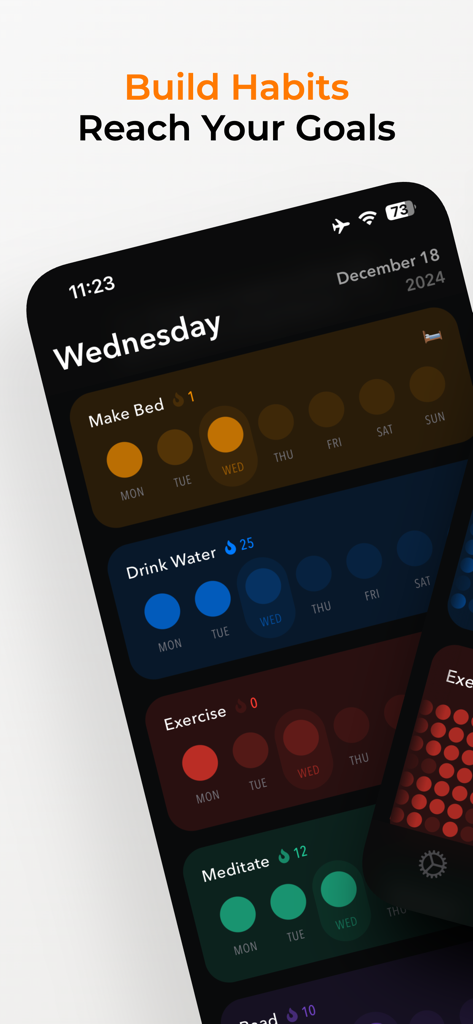 Haby habit tracker interface showing daily routines and goal progress in dark mode