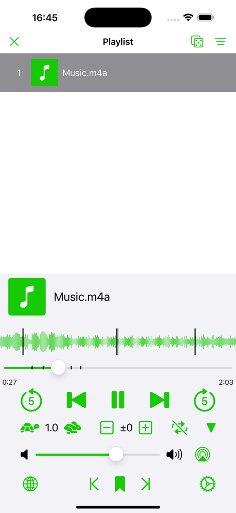 KQ Audio Player - KQ Audio Player interface showing a waveform view with pitch and playback rate adjustment controls