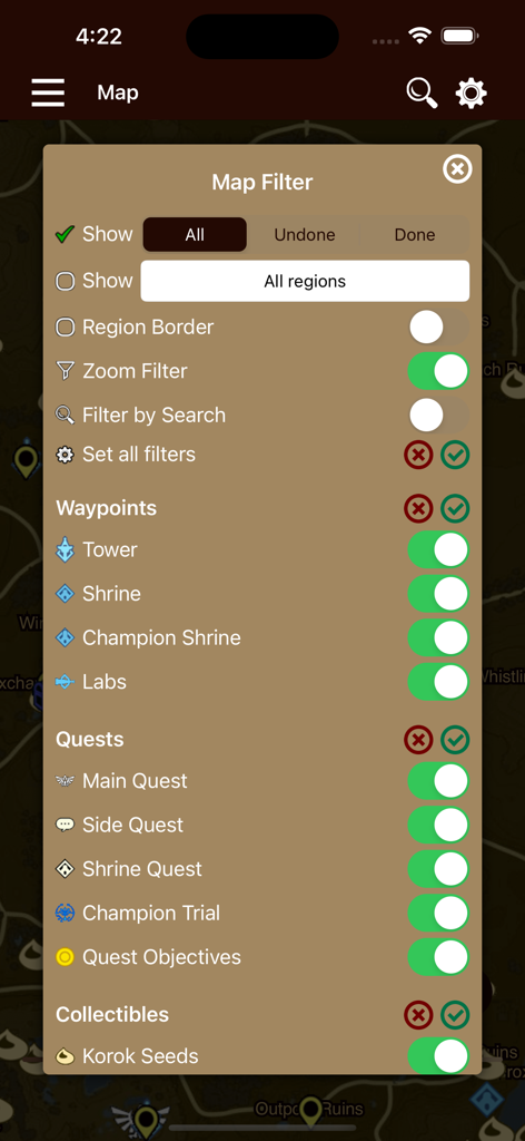 Map filter menu in Breath Companion app showing waypoint and quest tracking options