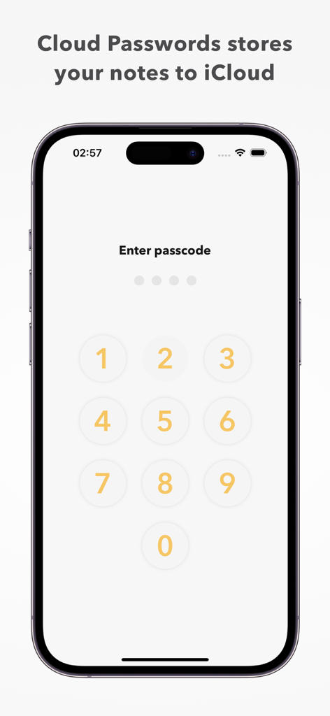 Cloud Passwords - La pantalla de bloqueo con código de acceso de la aplicación móvil Contraseñas en la Nube mostrando un teclado numérico y texto de sincronización de iCloud.