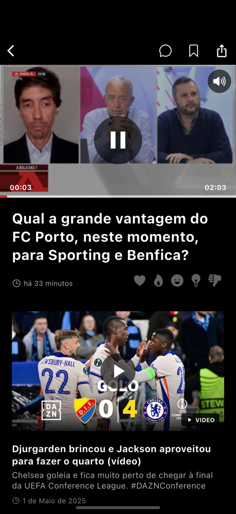A BOLA - App sportiva A BOLA che mostra commenti video sul calcio portoghese e highlights delle partite.