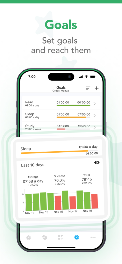 aTimeLogger app interface showing goal tracking progress and detailed activity statistics charts.