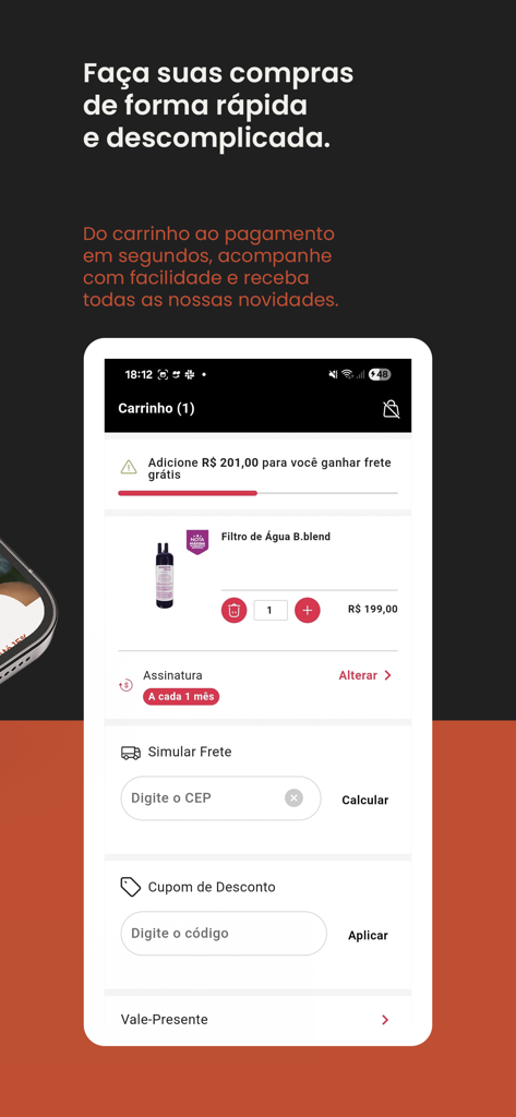B.blend app shopping cart interface showing a water filter for purchase and subscription options
