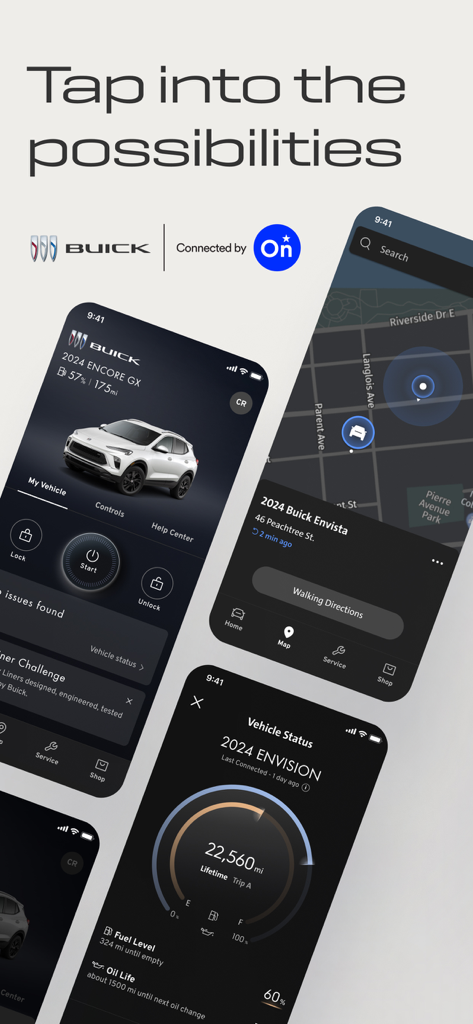 Detailed screens of the myBuick app displaying remote vehicle commands, map navigation, and vehicle health status.