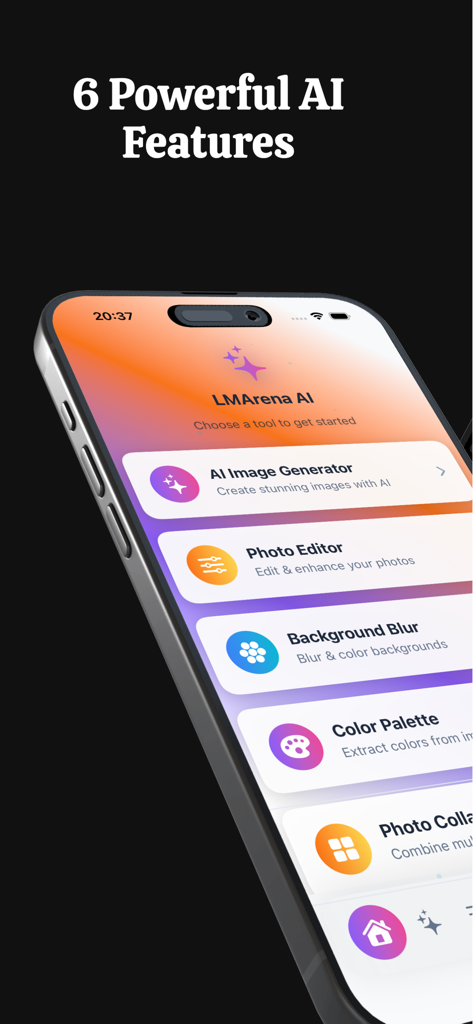 LMArena AI Creative - A smartphone displaying the LMArena AI Creative app home screen with its six main features listed