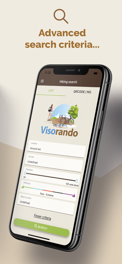 Visorando mobile app interface displaying advanced hiking search filters including duration and difficulty