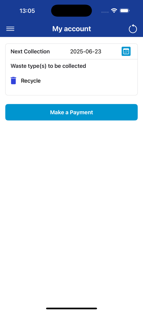 Country Clean Customer App - Country Clean app screen showing the next recycling collection date and a button to make a payment