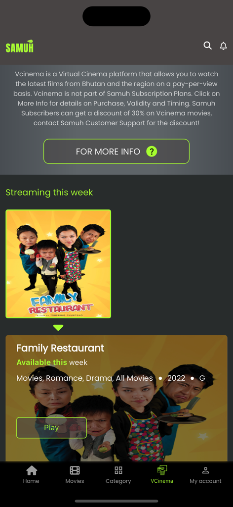 The VCinema section of the Samuh Bhutan app featuring the Bhutanese movie Family Restaurant