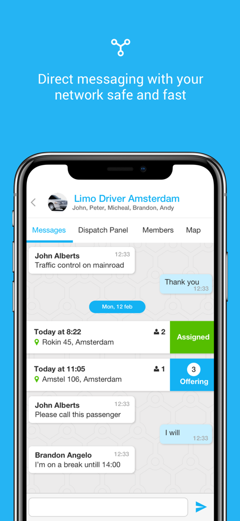 YourDriverApp - Interfaz de la aplicación móvil de YourDriverApp que muestra mensajería directa y estado de despacho de trabajos dentro de una red de chóferes de limusina