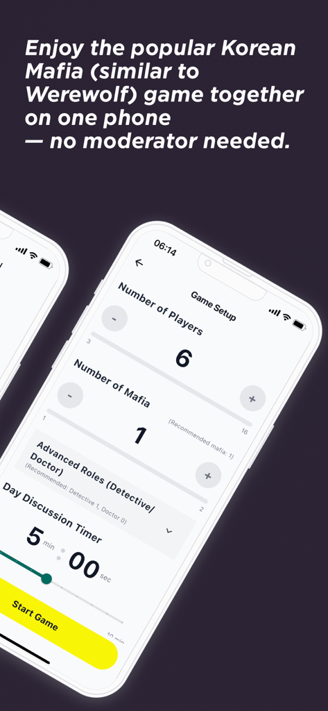 Mafia Without Moderator - Game setup screen for Mafia Without Moderator showing settings for players mafia roles and discussion timer