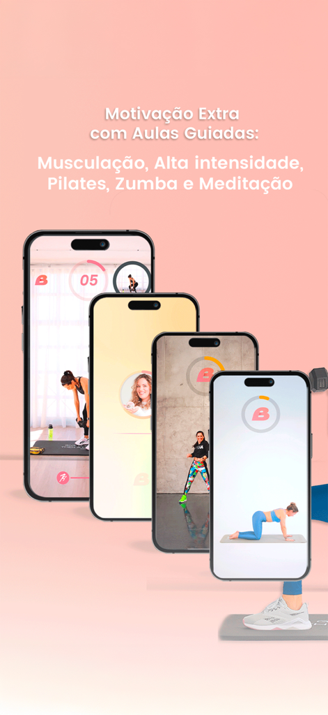 Boost Plan by Raquel Antunes - Boost Plan app interface showing guided fitness classes for weightlifting, Pilates, Zumba, and meditation on multiple iPhone screens.