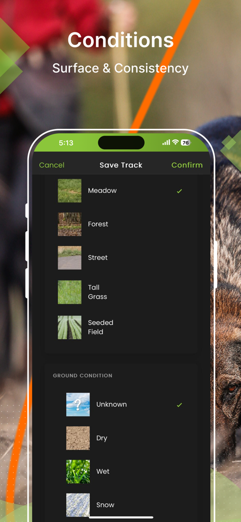 tracking-dog 2026 - Interface of the tracking-dog 2026 app showing selection options for terrain types and ground conditions