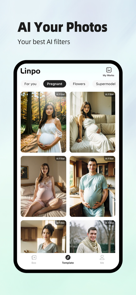 Linpo: Photo Dance & AI Filter - Linpo app screen showcasing the AI pregnant filter category with multiple photo examples.