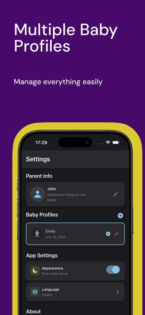 Baby Tracker – Feed & Sleep - Baby Tracker app settings screen showing parent information and multiple baby profiles in dark mode