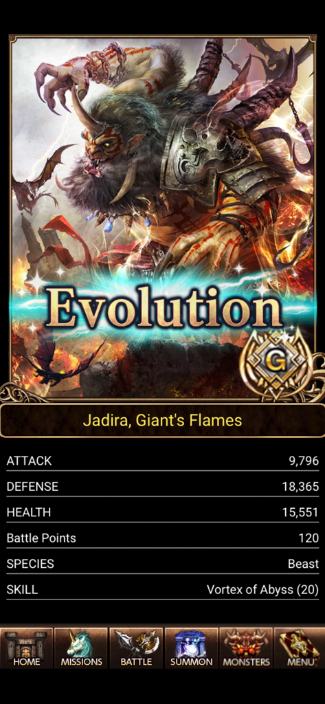 Dark Summoner - Monster evolution screen in Dark Summoner featuring character Jadira with detailed combat stats