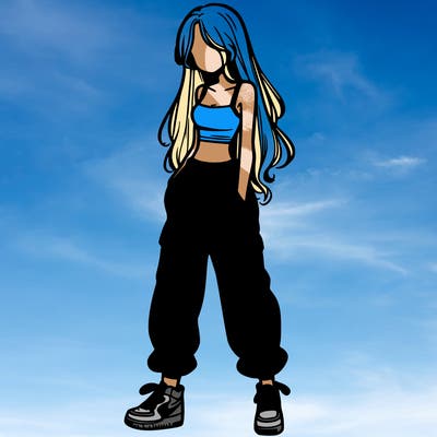 girl in baggy pants crop top and long hair