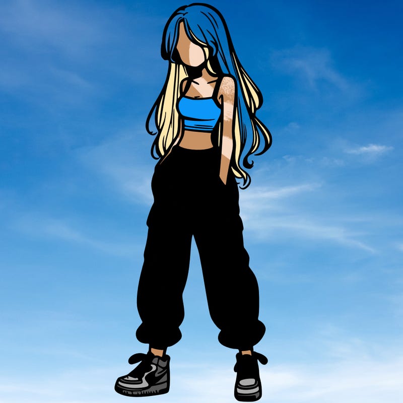 girl in baggy pants crop top and long hair