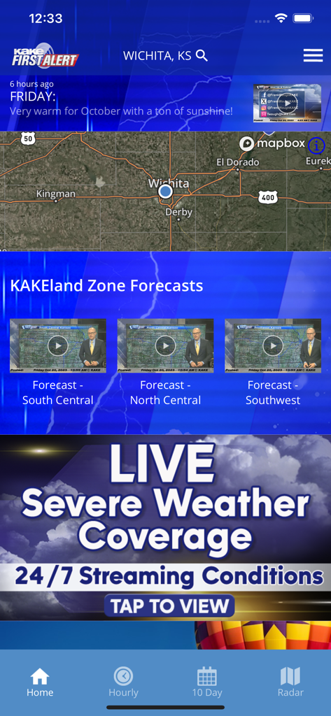 KAKE First Alert Weather - KAKE First Alert Weather 앱 대시보드에 지역 위치타 KS 예보 및 실시간 악천후 보도가 표시됨