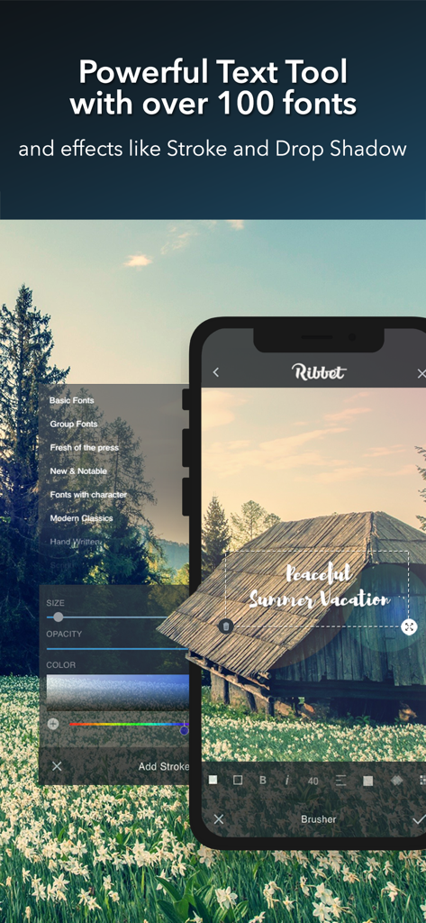 Interfaz de la aplicación de edición de fotos Ribbet mostrando herramientas de texto profesionales con fuentes personalizadas y controles de color sobre una foto de naturaleza.
