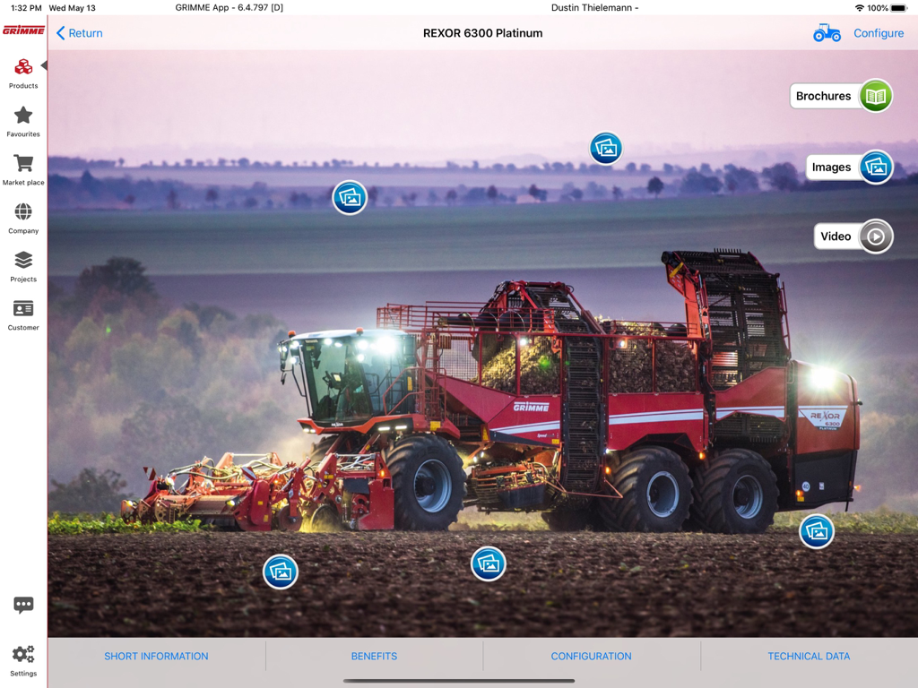 GRIMME - Interface of the GRIMME app displaying technical details and multimedia for the REXOR 6300 Platinum beet harvester.