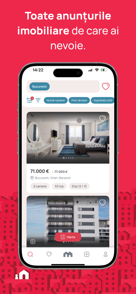 Screenshot of Imobiliare.ro mobile app displaying apartment listings in Bucharest with price and location details