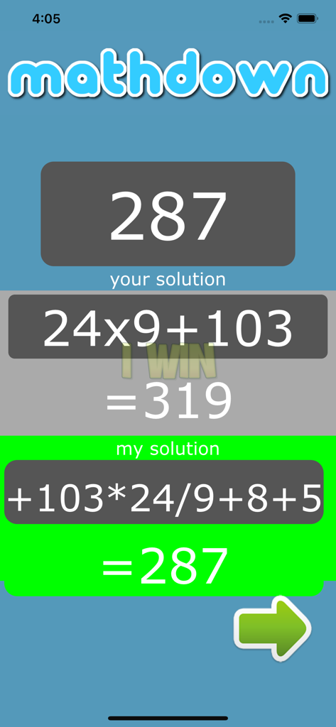 mathdown - Mathdown app interface comparing user and computer solutions to reach a target number