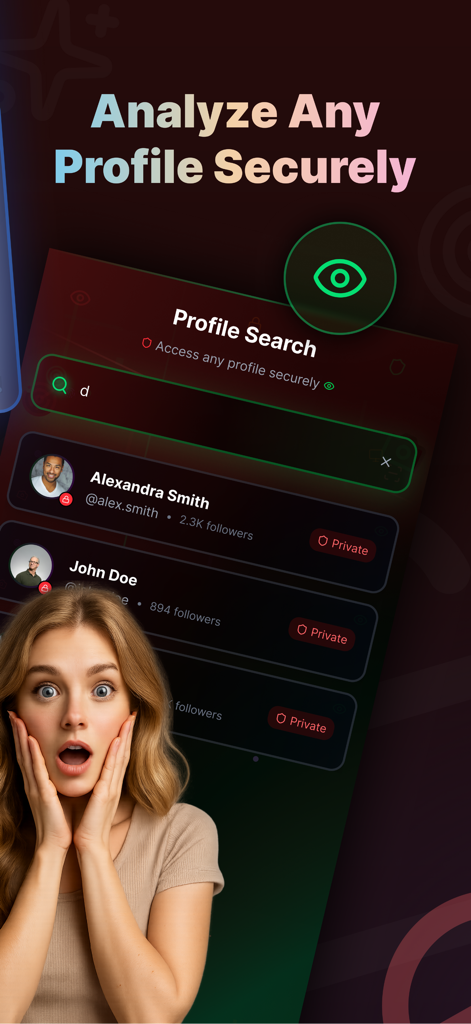 Interface do aplicativo PrivLock mostrando resultados de pesquisa de perfil seguros e uma mulher surpresa enfatizando a privacidade