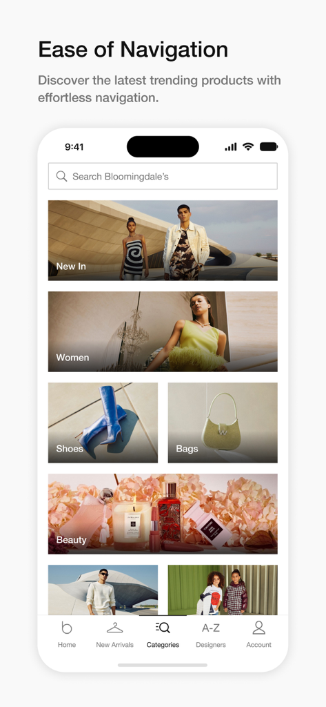 Bloomingdale’s Middle East - ブルーミングデール 中東アプリのインターフェース。高級ファッション、ビューティー、バッグのカテゴリ別セクションと簡単なナビゲーションを表示。