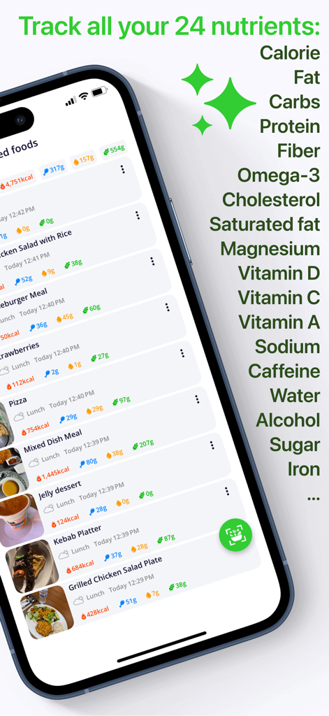 Calorie Tracker・Diet: Food AI - Écran de smartphone de l'application Food AI affichant une liste d'aliments suivis et 24 nutriments différents, y compris des vitamines et des minéraux.