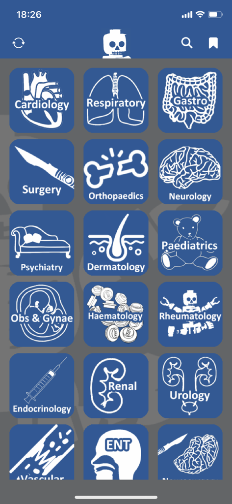 almostadoctor - A grid of blue icons representing different medical specialties like cardiology and surgery in the almostadoctor app.