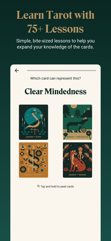 A tarot learning quiz screen from the Labyrinthos app asking to identify a card representing clear mindedness