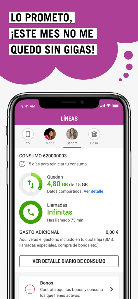 Mi Yoigo - Interfaz de la app móvil Mi Yoigo mostrando el seguimiento del uso de datos y la gestión de múltiples líneas telefónicas