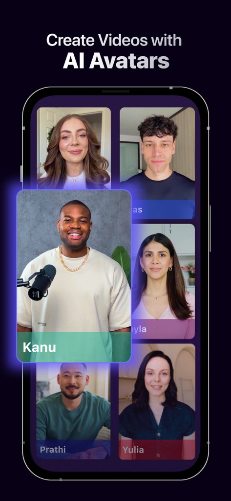 AI Captions for Videos - Dubs - Smartphone-Bildschirm mit verschiedenen lebensechten KI-Avataren für die Videoproduktion in der Dubs-App