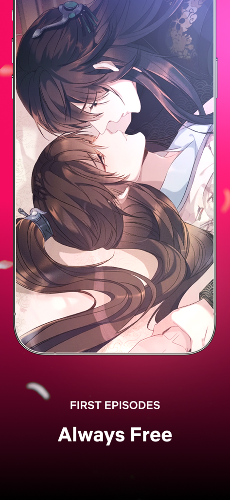 Romantic anime characters in an intimate embrace on the BlinkToon app screen highlighting free first episodes.