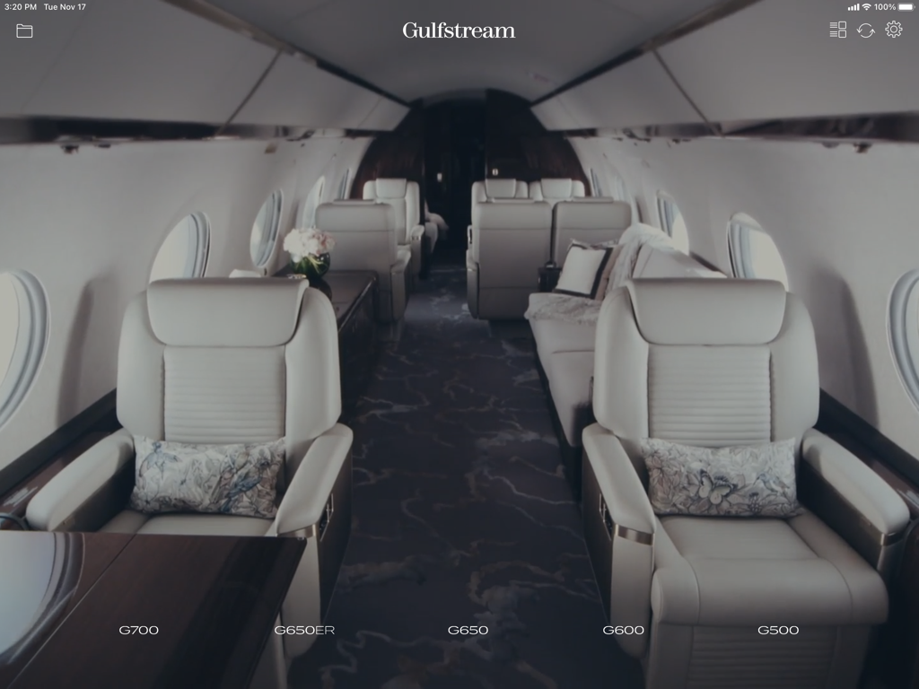 Gulfstream Cabin Layout - Luxury cabin interior visualization for Gulfstream private jets showing club seating and layout options