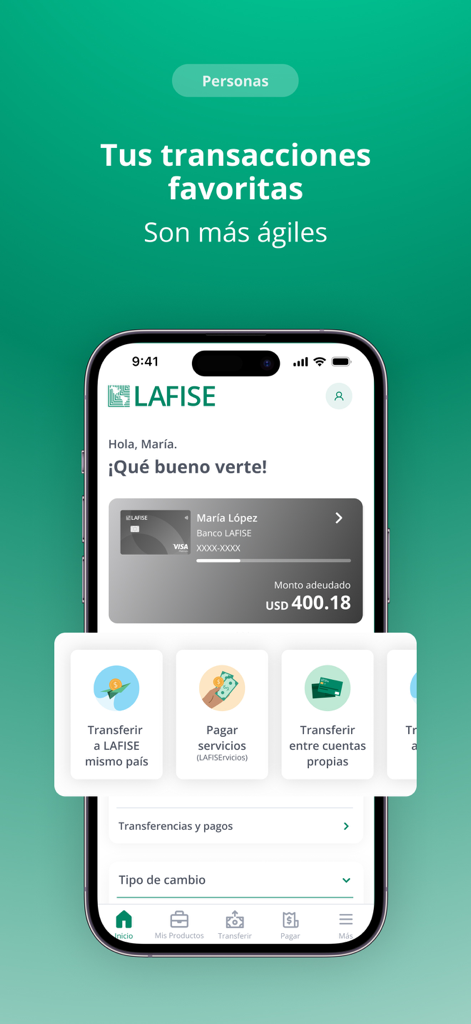 LAFISE Bancanet mobile app interface showing account balance and quick access to transfers and bill payments
