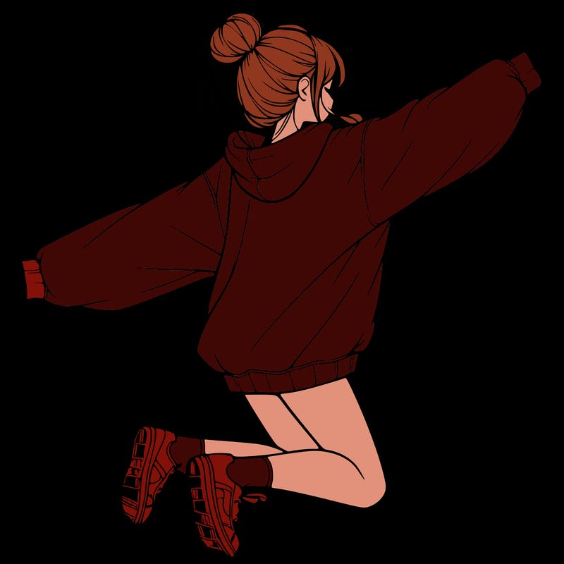 realistic girl jumping with a bun and oversized sweatshirt